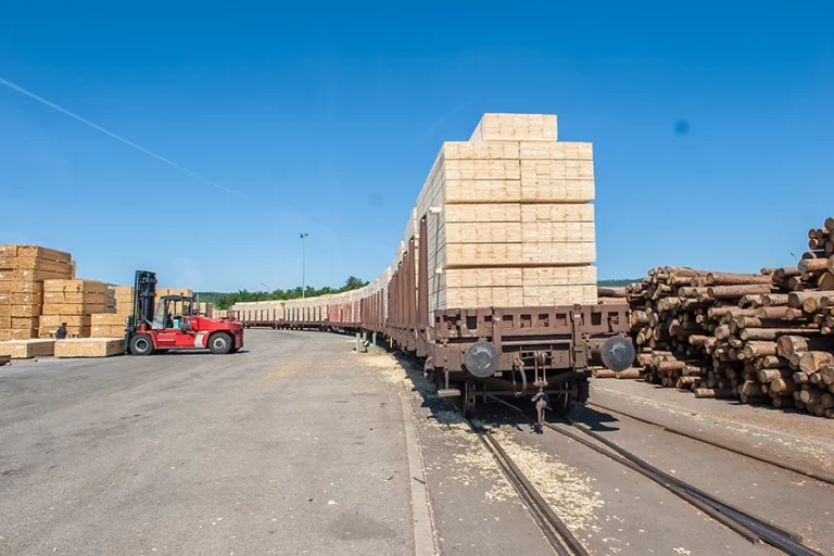 roter Stapler lädt Schnittholz auf einen Güterwaggon